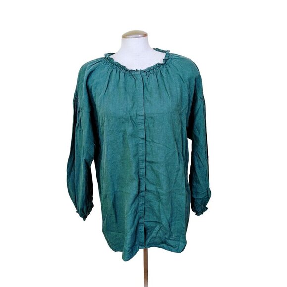 Niko And Womens L Blouse Top Green Flax Japanese Lagenlook Lyocell Button Up - Picture 1 of 6